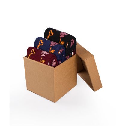 Кутия с 3 чифта Памучни чорапи с Черепи и Рози - Бордо, Джинс, Черен