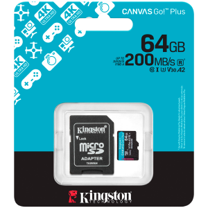 Kingston 64GB microSDXC Canvas Go Plus Gen4 200MB/s A2 U3 V30 Card + Adapter
