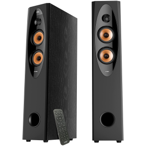 F&D T-60X PRO 2.0 Floorstanding Speakers, 120W RMS ( 60Wx2), 1'' Tweeter + 4'' Speakers x2 + 8'' Subwoofer for each channel, BT 5.3/Optical/COAXIAL/AUX/USB/Karaoke function/LED Display/Remote control/Microphone/Wooden, Touch buttons, Black