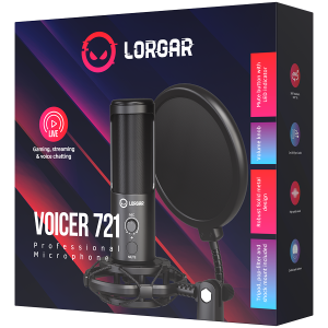 LORGAR Voicer 721, Gaming Microphone, Black, USB condenser microphone with tripod stand, pop filter, including 1 microphone, 1 Height metal tripod, 1 plastic shock mount, 1 windscreen cap, 1,2m metel type-C USB cable, 1 pop filter, 154.6x56.1mm