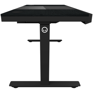 Dual-motor sit/stand adjustable-height gaming desk with built-in PC case, wireless charger, RGB lighting, control panel, and USB ports, PB melamine surface tabletop, black.