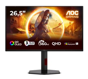 Монитор AOC Q27G4SDR, 26.5" QD-OLED, 2560x1440@360Hz, 0.03ms GtG, 1000cd m/2, 1.5M:1, Adaptive Sync, FlickerFree, Low Blue Light, Tilt, Height Adjust, Pivot, Swivel, 2xHDMI, DP, USB hub