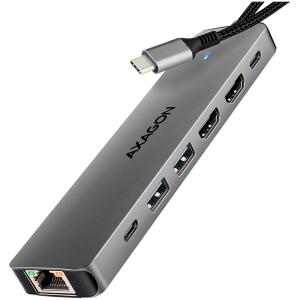 AXAGON HMC-7HX2 USB-C 3.2 Gen 1 hub, 2x USB-A + 1x USB-C, 2x HDMI 4K 60Hz, GLAN, PD 100W, 15cm USB-C cable