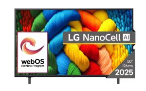 Телевизор LG 50NANO80A3B, 50" 4K HDR Smart Nano Cell TV, 3840x2160, DVB-T2/C/S2, AI Alpha 7, HDR 10 PRO, webOS 25, ThinQ AI, VRR, ALLM, HGiG, WiFi, Clear Voice, AI Upscaling, Bluetooth, Hdmi e-ARC , CI, LAN, AirPlay2, Chromecast, 2 Pole stand, Black