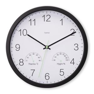 HAMA Стенен часовник “Santorini”, без тиктакане, Термо/хигрометър, &Oslash; 30см, черен
