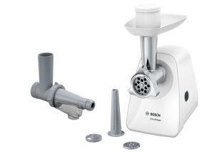 Месомелачка Bosch MFW2515W, Meat mincer, SmartPower Meat mincer from SmartPower range: 1500W, 1,7 kg/min, 2 sieves, 1 sausage horn, fruit press attachment, no reverse, white