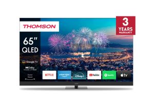 Телевизор Thomson Smart QLED Plus TV 65"; Google TV; 3840 x 2160 (4K UHD), QLED, 4000:1, 60 Hz, DVB-T/T2/C/S/S2, HDR10, Wi-Fi, Bluetooth, LAN, HDMI 2 (2.0) + 2 (2.1), USB 2 (2.0) + 1 (3.0),Built-in Front Speakers, Central Swivel Stand, Black
